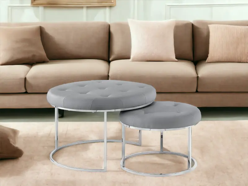 Set of Two Gray Faux Leather and Silver Tufted Round Ottomans By Homeroots