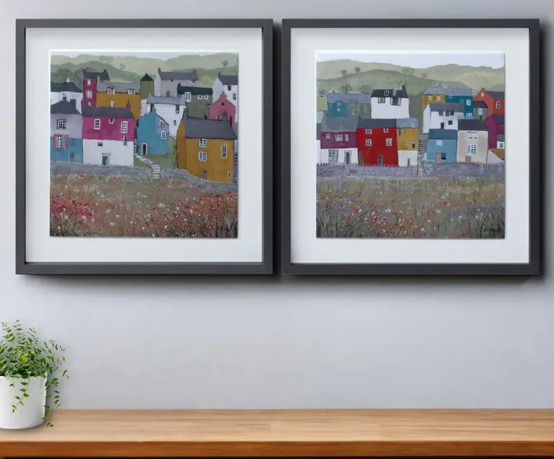 Set of Two Gray Green And Yellow Wood Square Framed Art By Homeroots