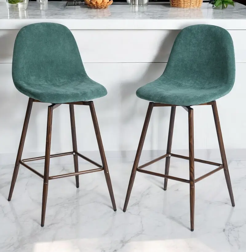 Set of Two Green And Brown Velvet And Steel Counter Height Bar Chairs By Homeroots
