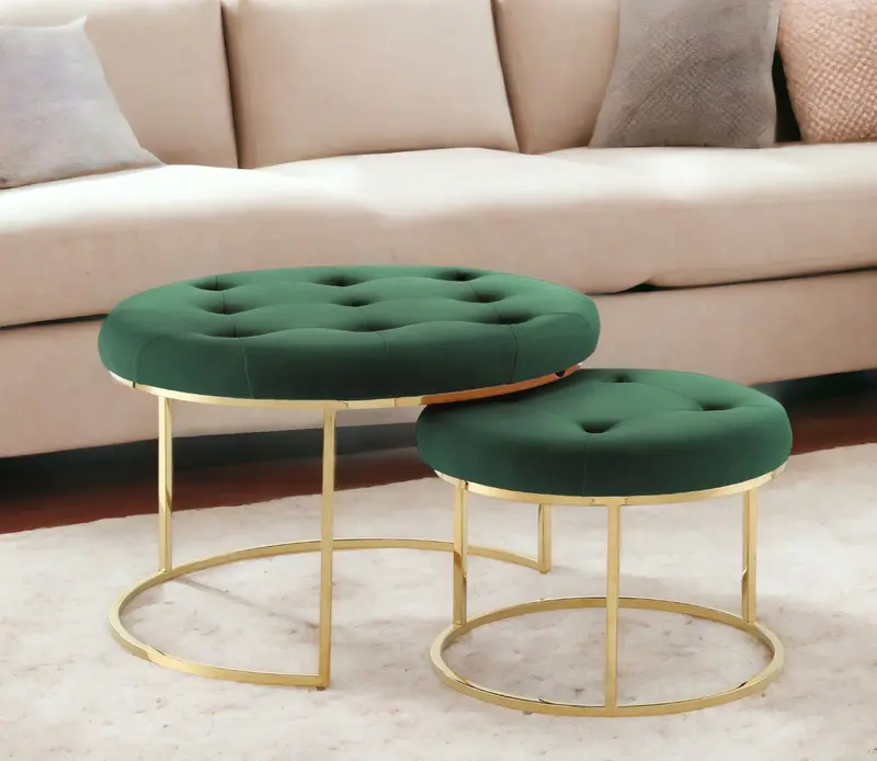 Set of Two Green Velvet and Gold Tufted Round Ottomans By Homeroots