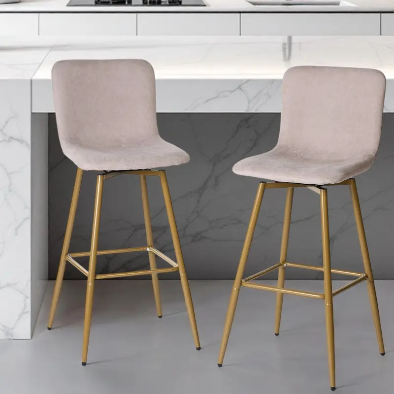 Set of Two Light Taupe and Gold Fabric and Steel Bar Height Swivel Bar Chairs By Homeroots