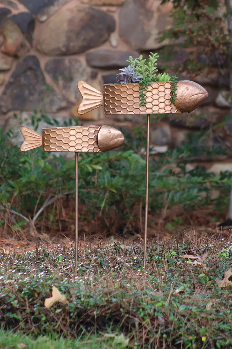 Set Of Two Metal Fish Planter Yard Stakes With Copper Finis (Min 2) By Kalalou