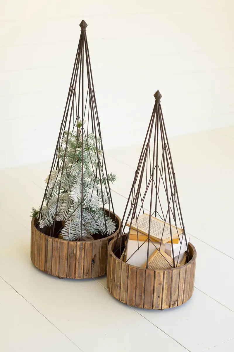 Set Of Two Metal Topiaries With Recycled Wood Bases By Kalalou