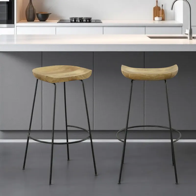 Set of Two Natural and Black Solid Wood and Steel Backless Bar Height Bar Chairs By Homeroots