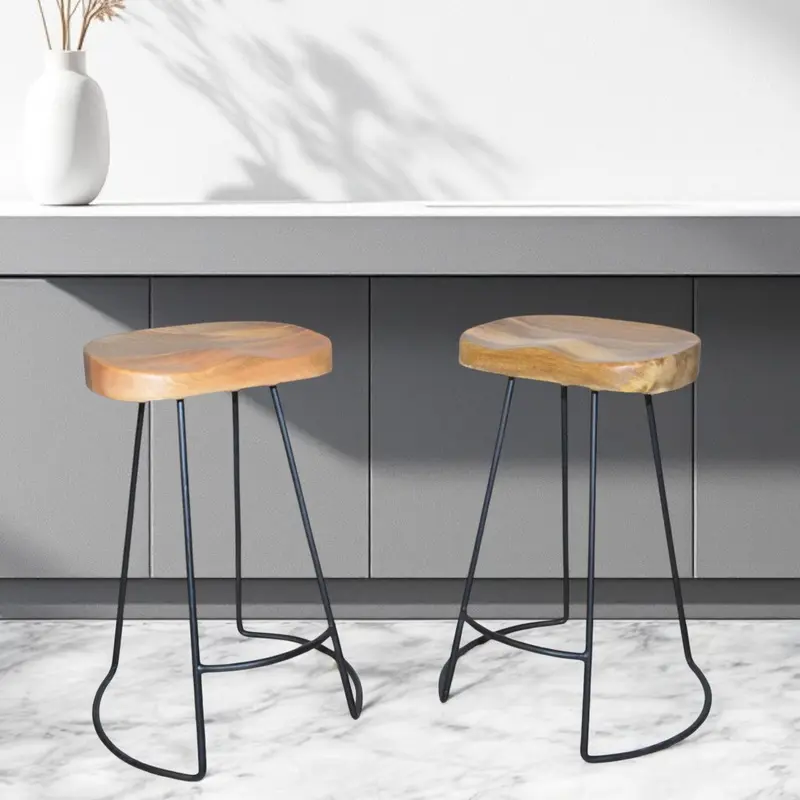 Set of Two Natural and Black Solid Wood and Steel Backless Counter Height Bar Chairs By Homeroots