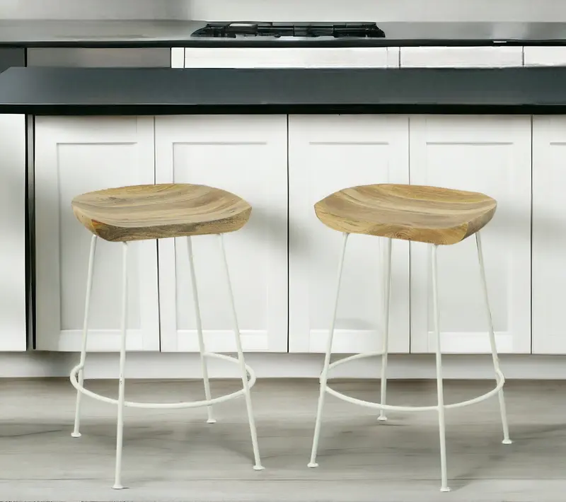 Set of Two Natural and White Solid Wood and Steel Backless Counter Height Bar Chairs By Homeroots