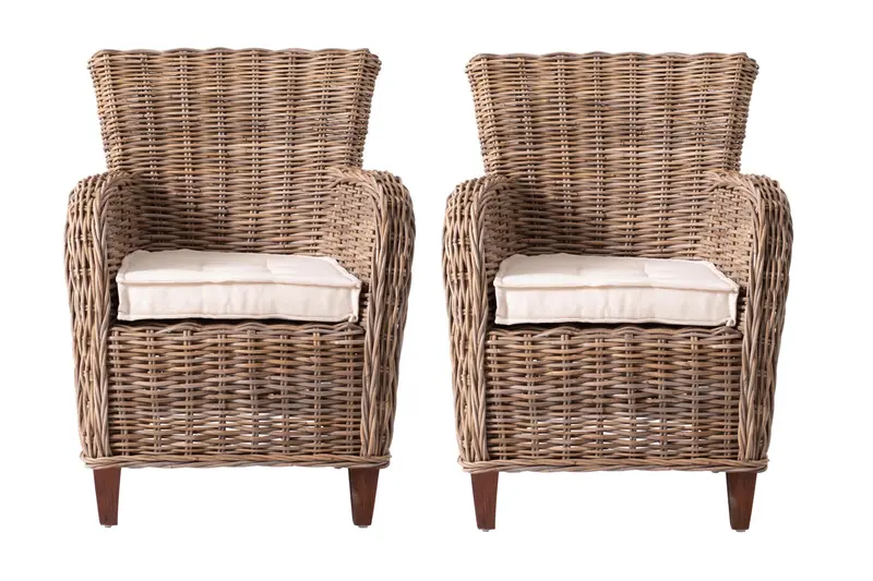 Set Of Two Natural Brown Rattan Wingback Wicker Chairs with Seat Cushions By Homeroots