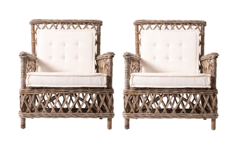 Set of Two Natural Lattice Wicker Arm Chairs with Seat Cushions By Homeroots