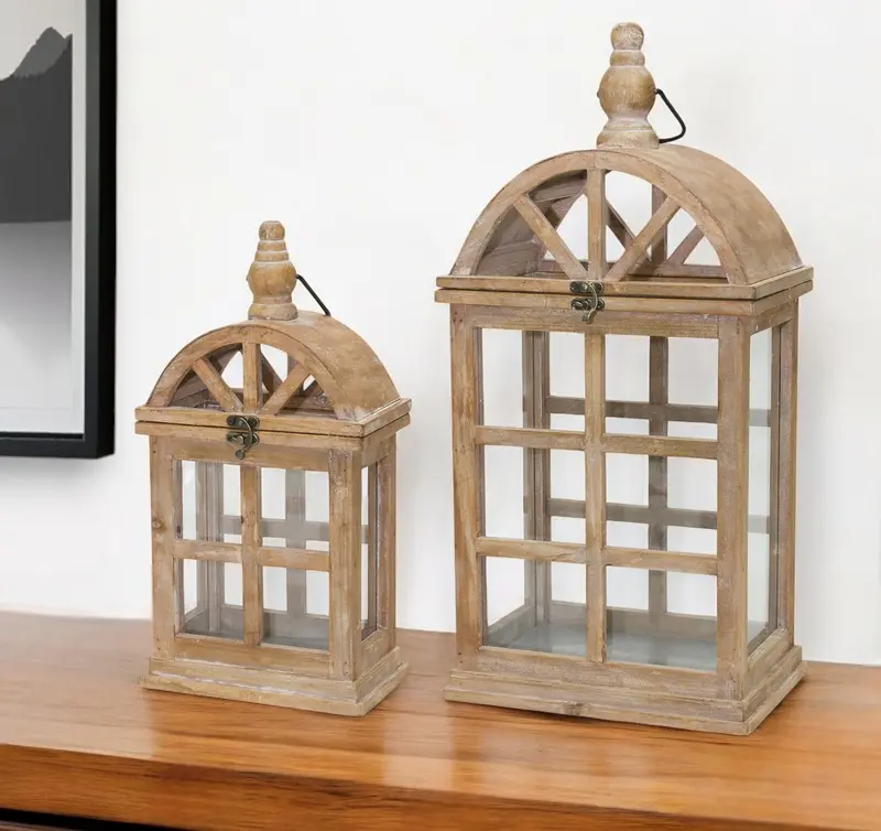 Set of Two Natural Wood and Glass Geometric Floor Lantern Candle Holders By Homeroots