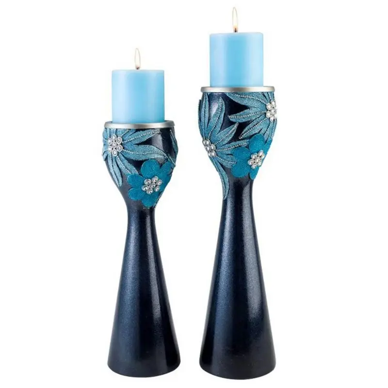 Set Of Two Navy and Aqua Floral Bling Candle Holders with Candles By Homeroots