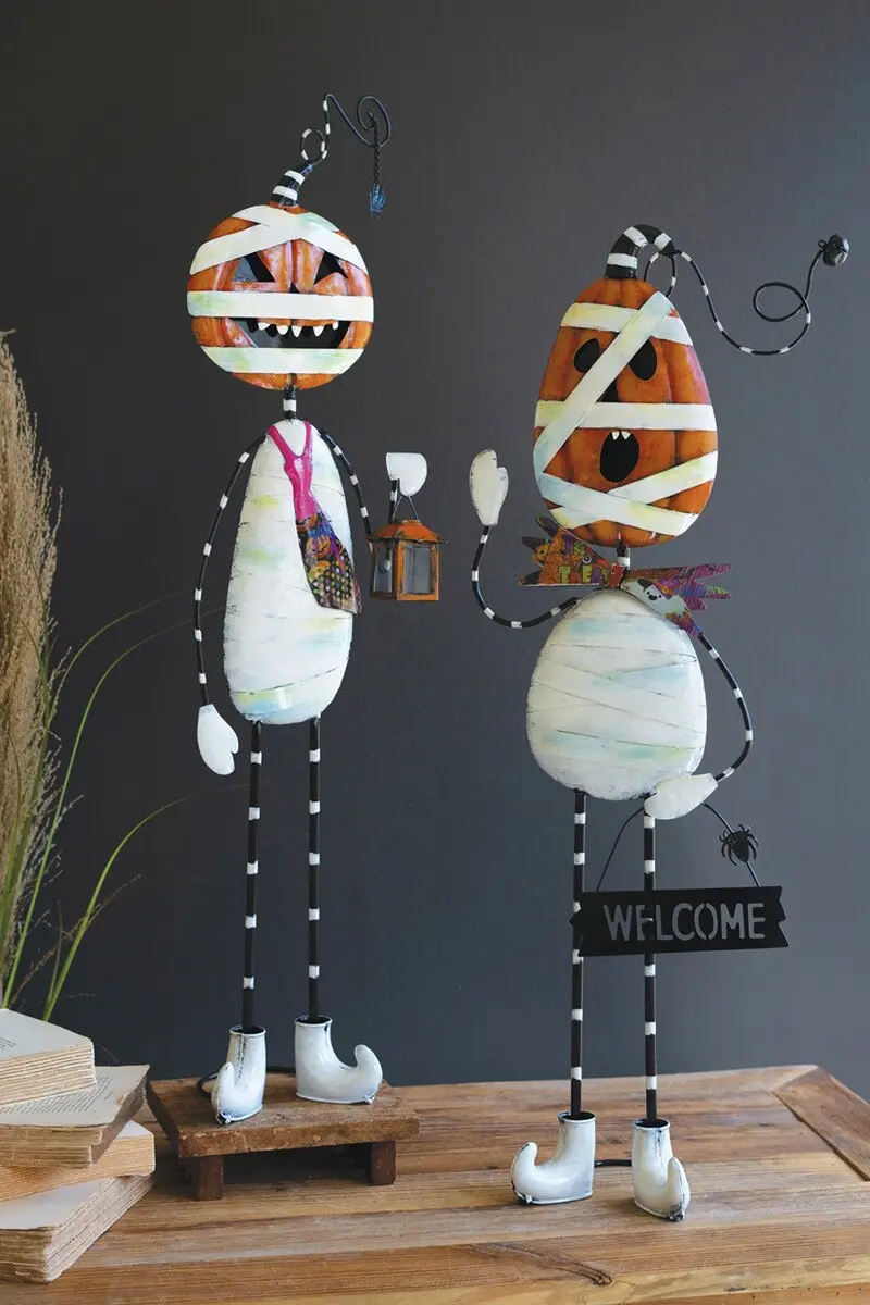 Set Of Two Painted Metal Halloween Jack-O-Lantern Mummies By Kalalou