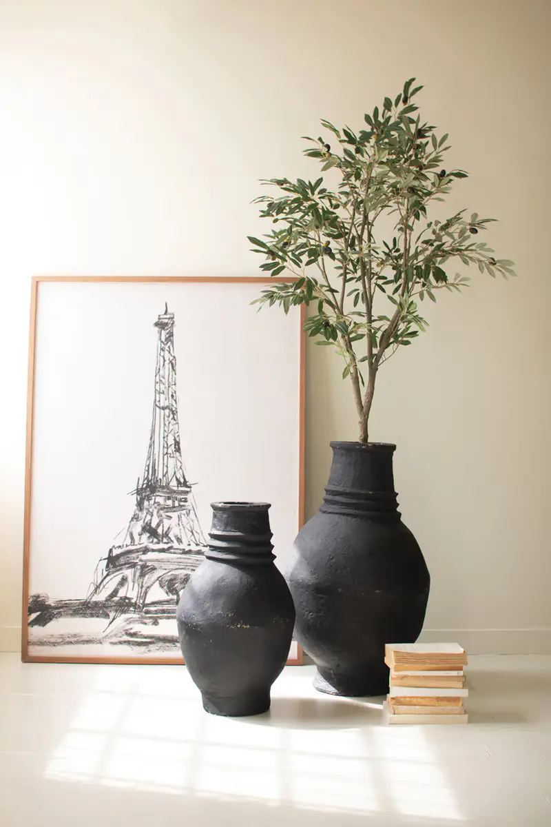 Set Of Two Paper Mache Black Tall Oval Urns By Kalalou