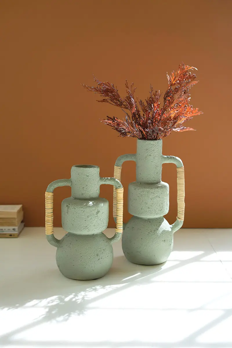 Set Of Two Paper Mache Vases With Cane Handles - Mint By Kalalou