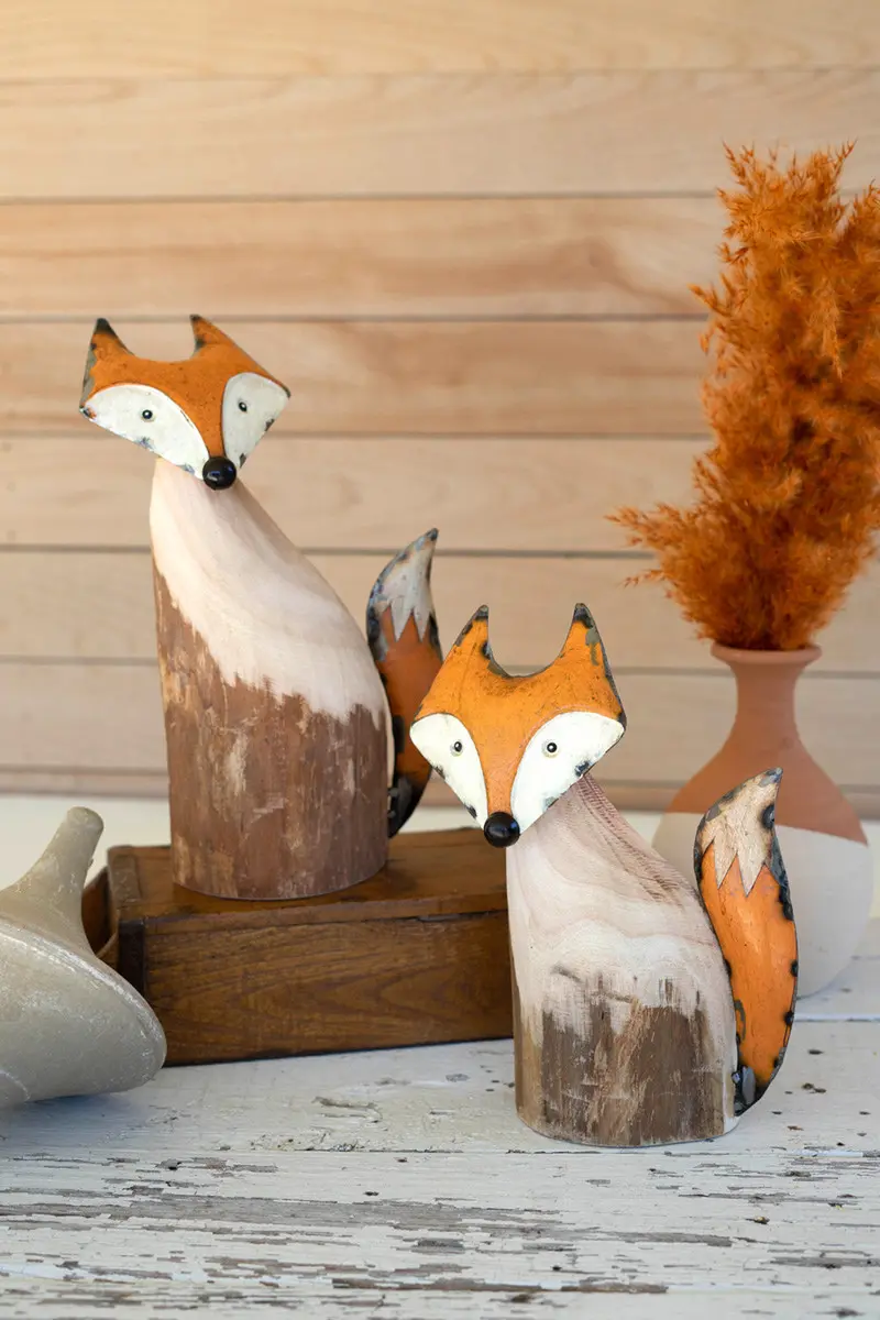 Set Of Two Recycled Wood And Iron Foxes By Kalalou