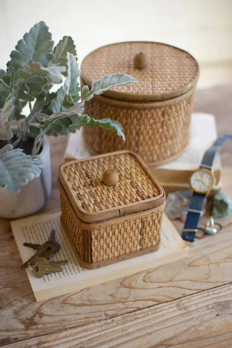 Set Of Two Round And Square Woven Cane Boxes By Kalalou