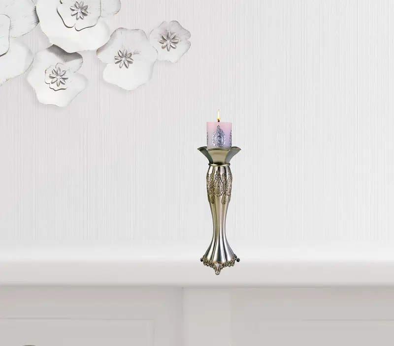 Set of Two Silver Metallic Polyresin Ornate Tabletop Pillar Candle Holders With Candle By Homeroots