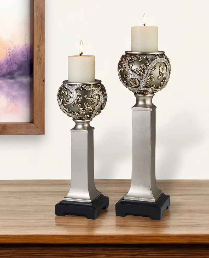 Set of Two Silver Polyresin Filigree Tabletop Pillar Candle Holders With Candle By Homeroots