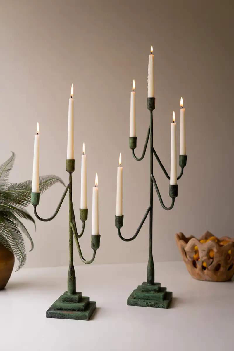 Set Of Two Taper Candelabras - Green Patina By Kalalou