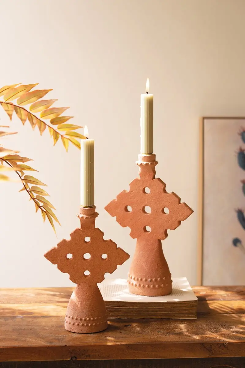 Set Of Two Terracotta Taper Candle Holders (Min 3 Sets) By Kalalou