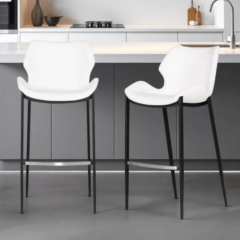 Set of Two White and Black Faux Leather and Steel Low Back Bar Height Bar Chairs By Homeroots