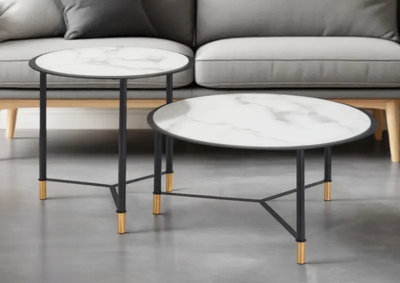 Set of Two White and Black Faux Marble And Glass And Steel Round Bunching Coffee Tables By Homeroots