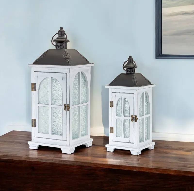 Set of Two White and Black Glass Wood and Metal Ornate Floor Lantern Candle Holders By Homeroots