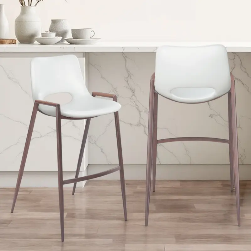 Set of Two White And Brown Steel Low Back Bar Height Bar Chairs By Homeroots