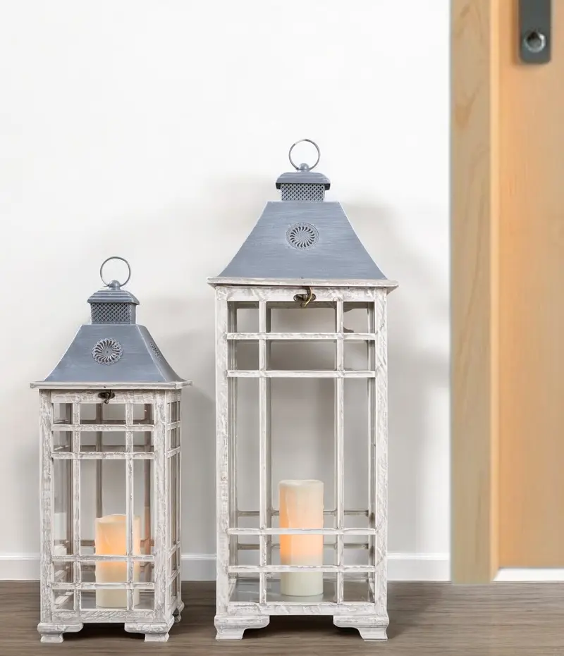 Set of Two White and Silver Metal Geometric Floor Lantern Candle Holders By Homeroots