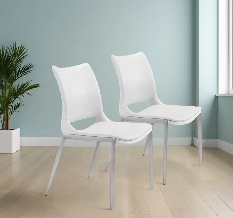 Set of Two White And Silver Upholstered Faux Leather Dining Side Chairs By Homeroots