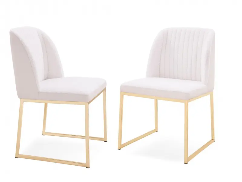 Set of Two White Gold Faux Leather Fabric Dining Chairs By Homeroots