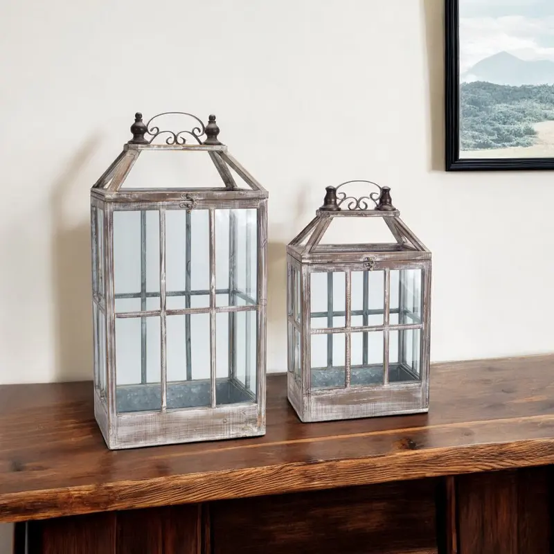 Set of Two White Washed Wood and Glass Floor Lantern Candle Holders By Homeroots