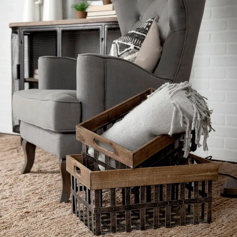 Set of Two Wood and Metal Crate Baskets By Homeroots