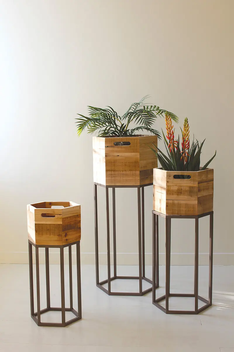 Set Three Hexagon Recycled Wood Planters On Metal Bases By Kalalou