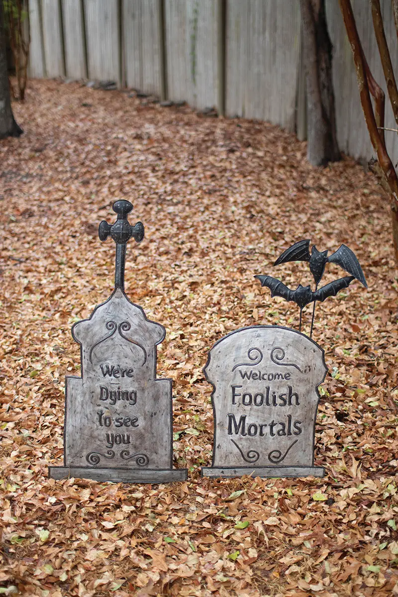 Set Two Hand-Hammered & Painted Metal Tombstone Yard Stakes By Kalalou