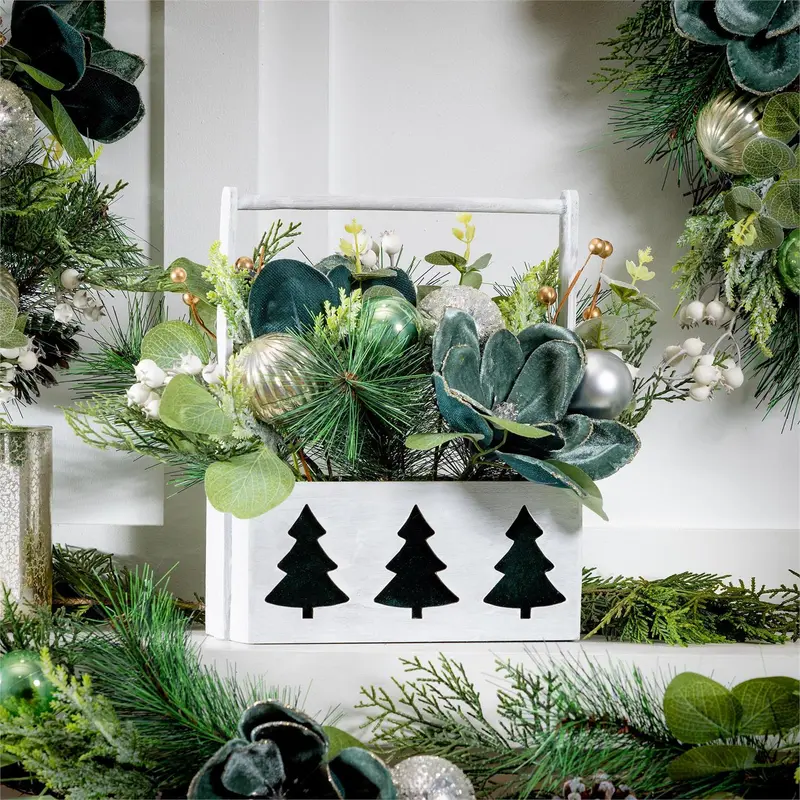 Shades of Emerald Faux Floral Table Decor Artificial Tree in Pot with Ornaments, 11"H
