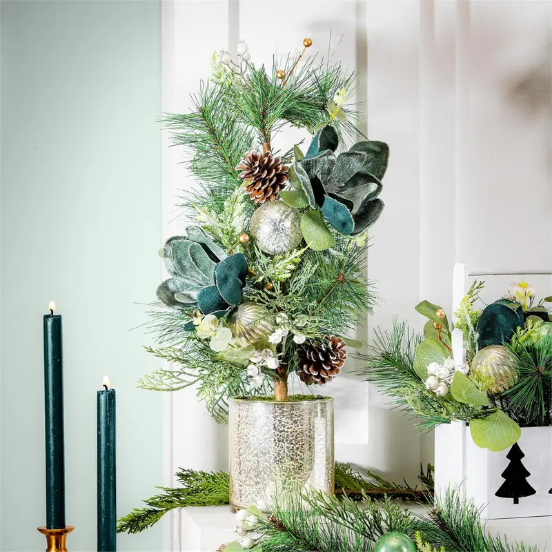 Shades of Emerald Faux Floral Tree Table Decor Artificial in Pot with Ornaments, 24"H