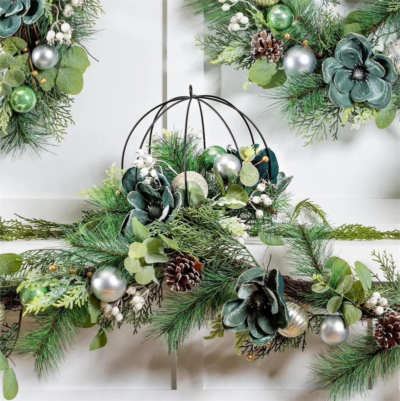 Shades of Emerald Hanging Décor Artificial with Metal Orb and Ornaments, 14"H