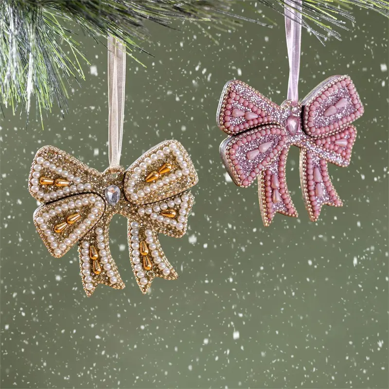 Shades of Emerald Ornament Beaded Bow, Asst of 2, 4"H