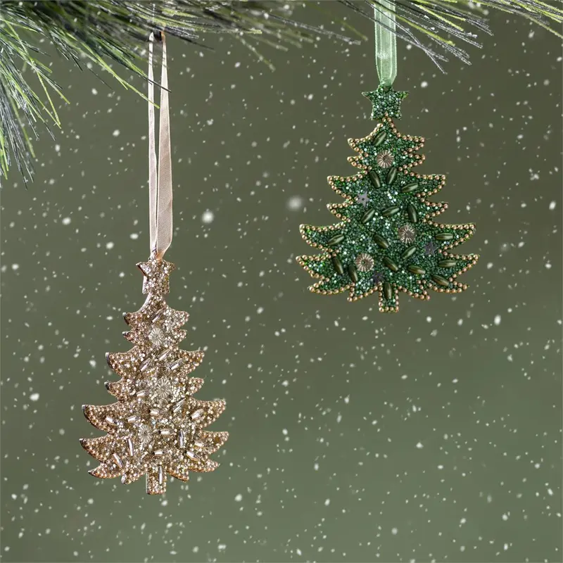 Shades of Emerald Ornament Beaded Tree, Asst of 2, 4"H