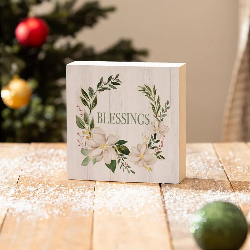 Shades of Emerald Sign Wood Block, "Blessings", 6"x6"