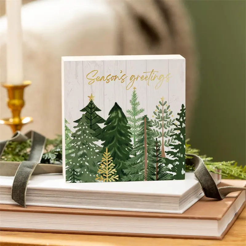 Shades of Emerald Sign Wood Block, "Seasons Greetings", 6"x6"
