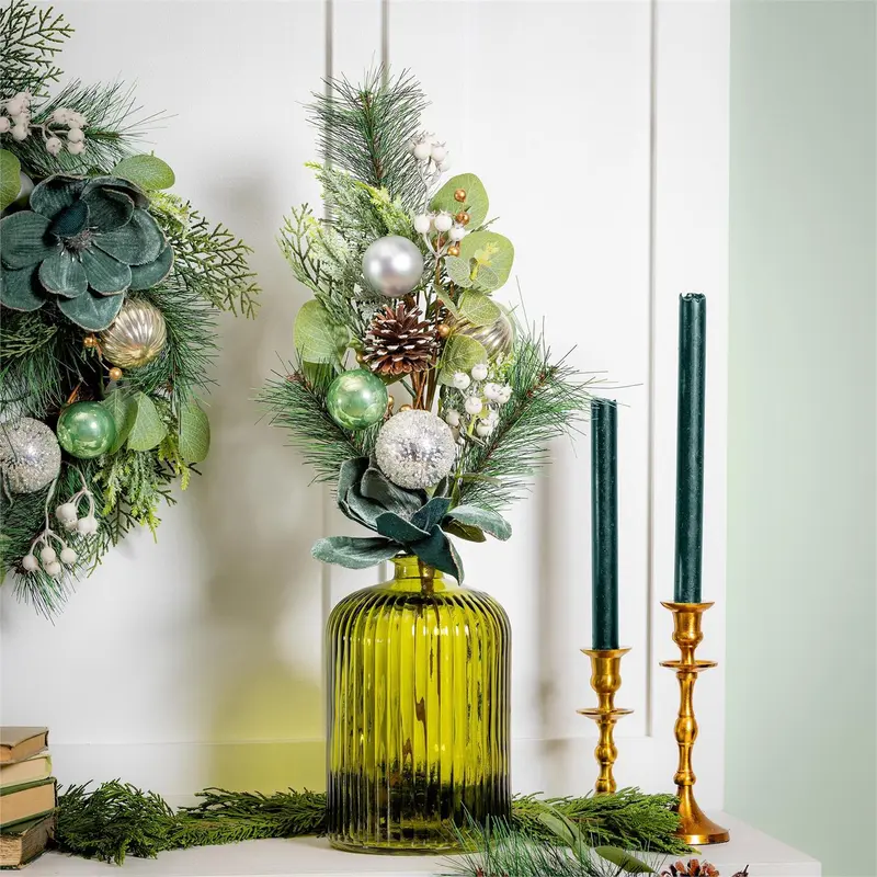 Shades of Emerald Stem Artificial with Ornaments, 25"H