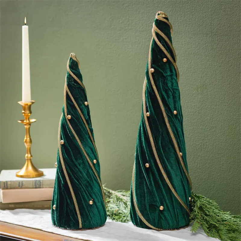 Shades of Emerald Table Decor Fabric Tree with Beads, Set of 2