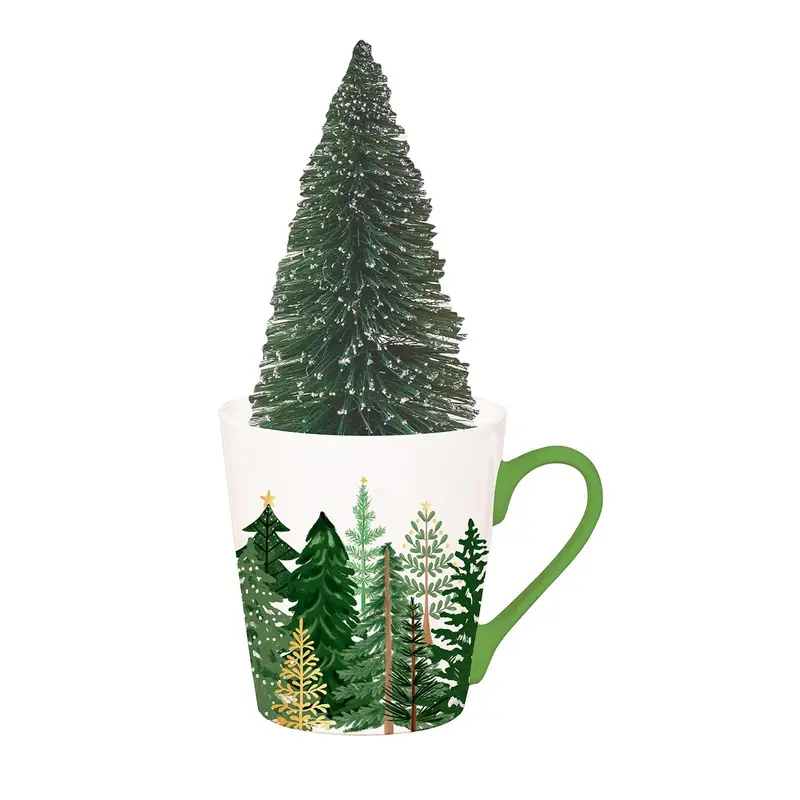 Shades of Green Drinkware Gift Set Ceramic Flare Cup and Bottle Brush Tree, 12oz, Gift Box