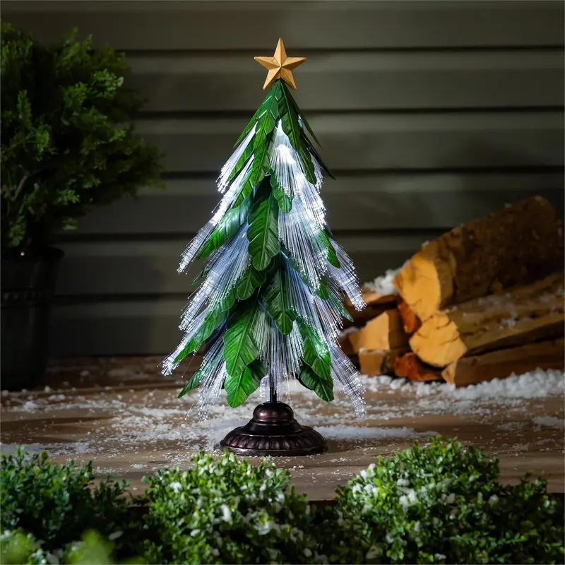 Shades of Green Garden Statue, Metal Fiber Optic LED Statue, Evergreen Tree, 23"H