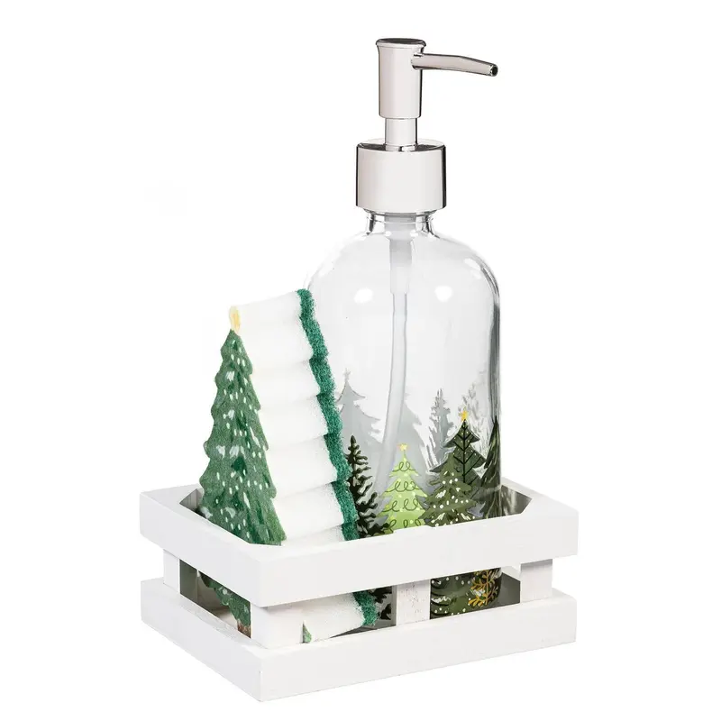 Shades of Green Kitchen Gift Set Glass Soap Dispenser and Sponge with Wood Crate Set
