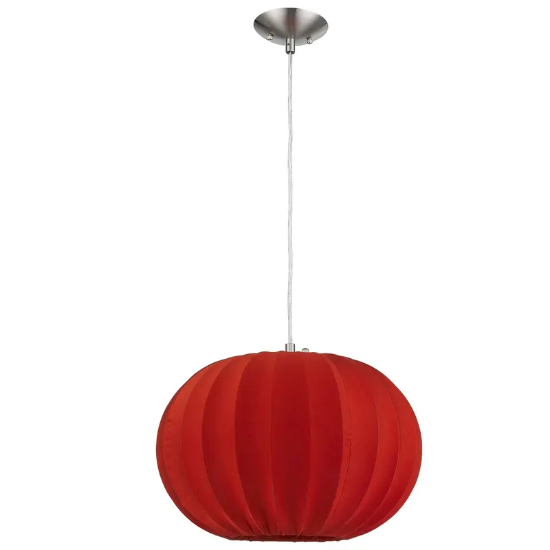 Shanghai 1-Light Brushed Nickel Pendant With Sheer Red Ribbon Shade By Homeroots