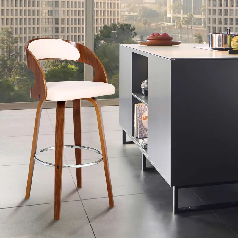 Shelly 30" Bar Height Swivel Cream Faux Leather and Walnut Wood Bar Stool By Armen Living