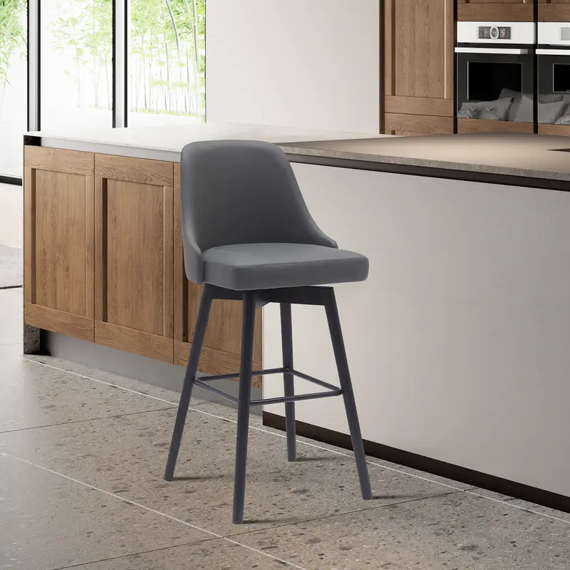 Sicily 30" Swivel Black Wood Bar Stool in Gray Faux Leather By Armen Living