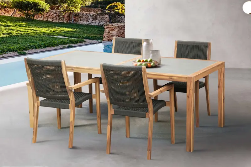 Sienna Outdoor Eucalyptus Dining Table with Teak Finish and Grey Super Stone Top By Armen Living